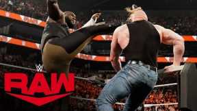Omos hits a devastating kick on Brock Lesnar during a pre-WrestleMania brawl: Raw, March 27, 2023