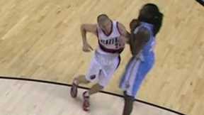 Steve Blake drops Kenneth Faried (Denver Nuggets at Portland Trail Blazers)